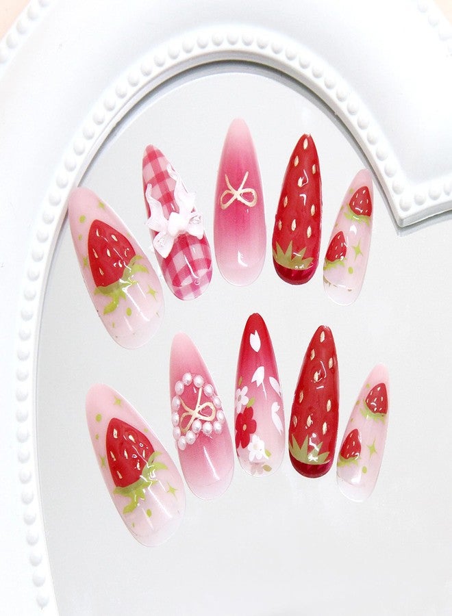 BSBTBZ 24Pcs Strawberry Flower Press on Nails Medium Almond Fake Nails Cute Floral Strawberry False Nails 3D Heart Pearls Bow Charms Designs Pink Gradient Glossy Stick on Nails Acrylic Nail for Women - Image 4